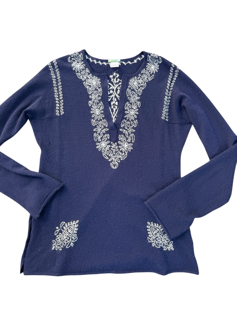 Vintage J.Crew 100% Cashmere Embroidered Tunic Sweater – Boho Split Neck Navy Bl
